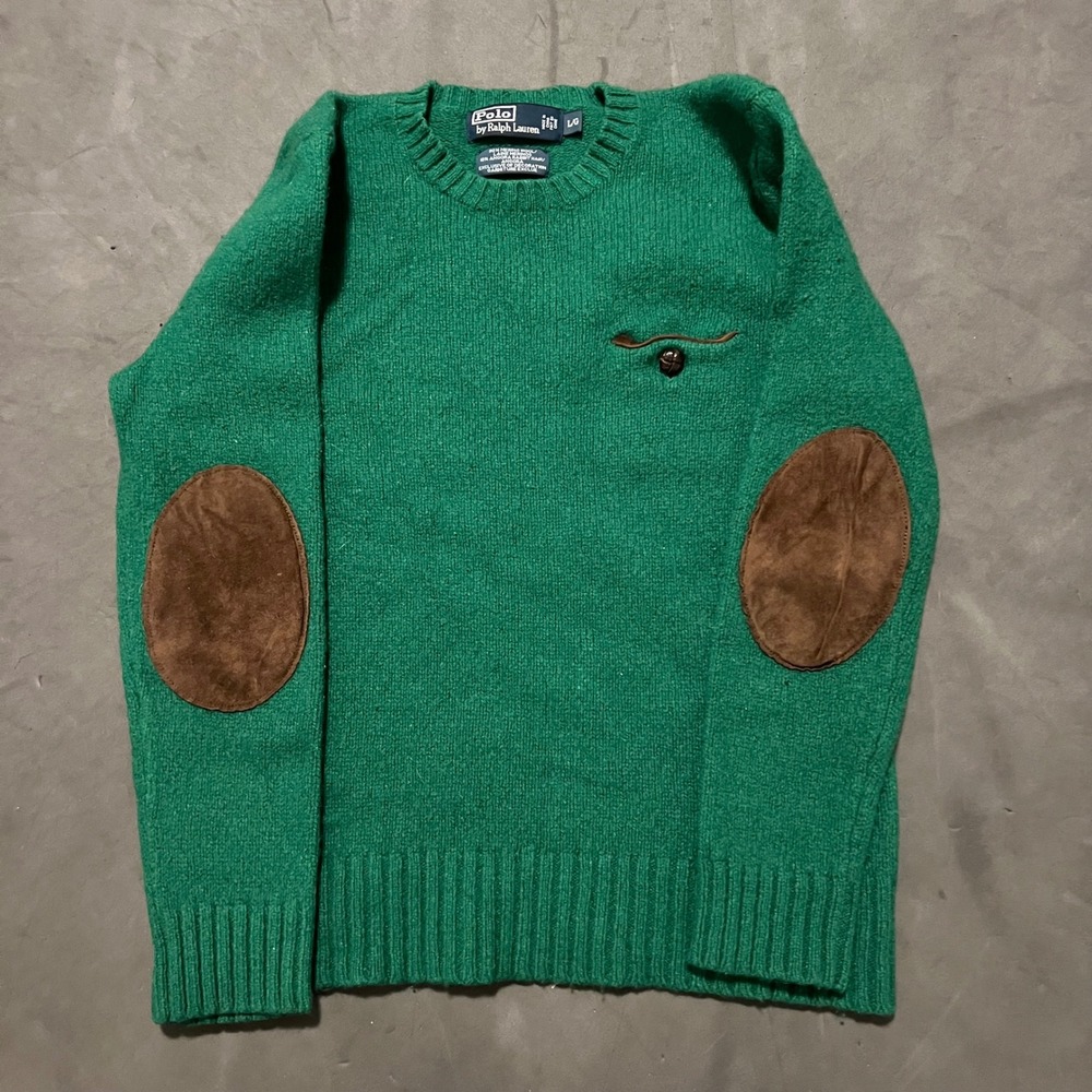 VTG 90s Polo Ralph Lauren Merino Angora Green Sweater Suede Elbow Patches Mens S